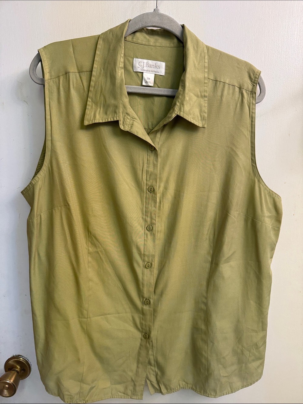 CJ Banks Olive Sleeveless Button-Front Blouse